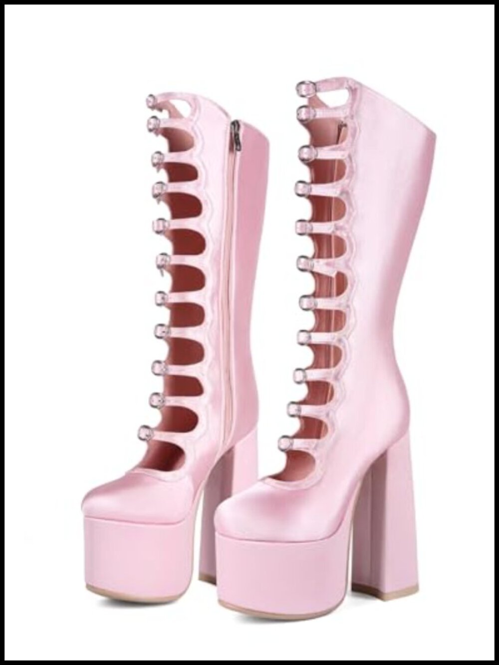 Sweet Lolita Chunky Platform Knee High Heeled Boots, Cosplay Anime Satin Buckle